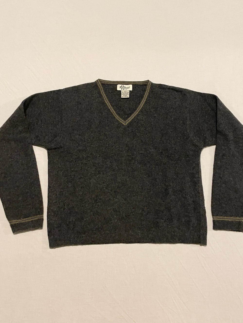 Free People Vintage Wool Blend V-Neck Sweater Gray Striped Trim Size Small